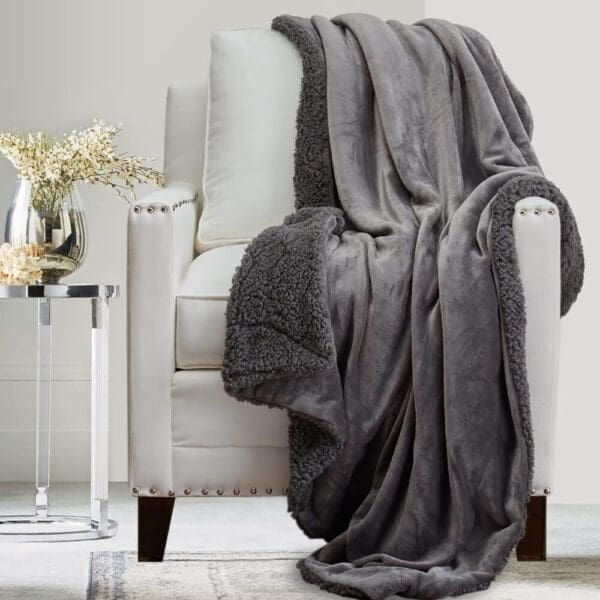 Throw Blanket Soft Plush Reversible Velvet and Sherpa Queen/Full 90x90 GRAY Color