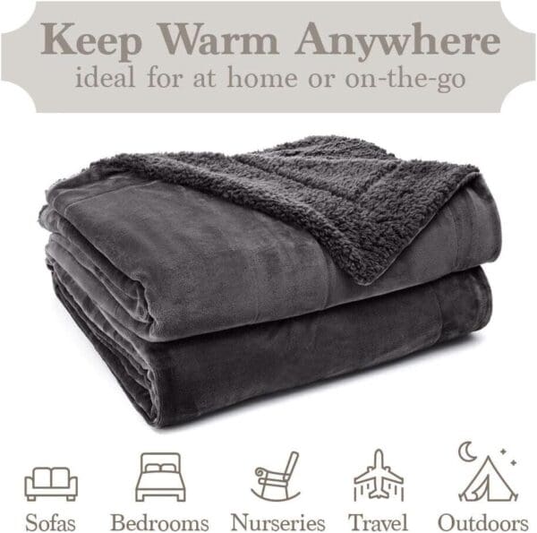 Throw Blanket Soft Plush Reversible Velvet and Sherpa Queen/Full 90x90 GRAY Color - Image 2