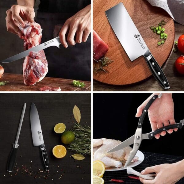 A collage of different pictures with knives and food.